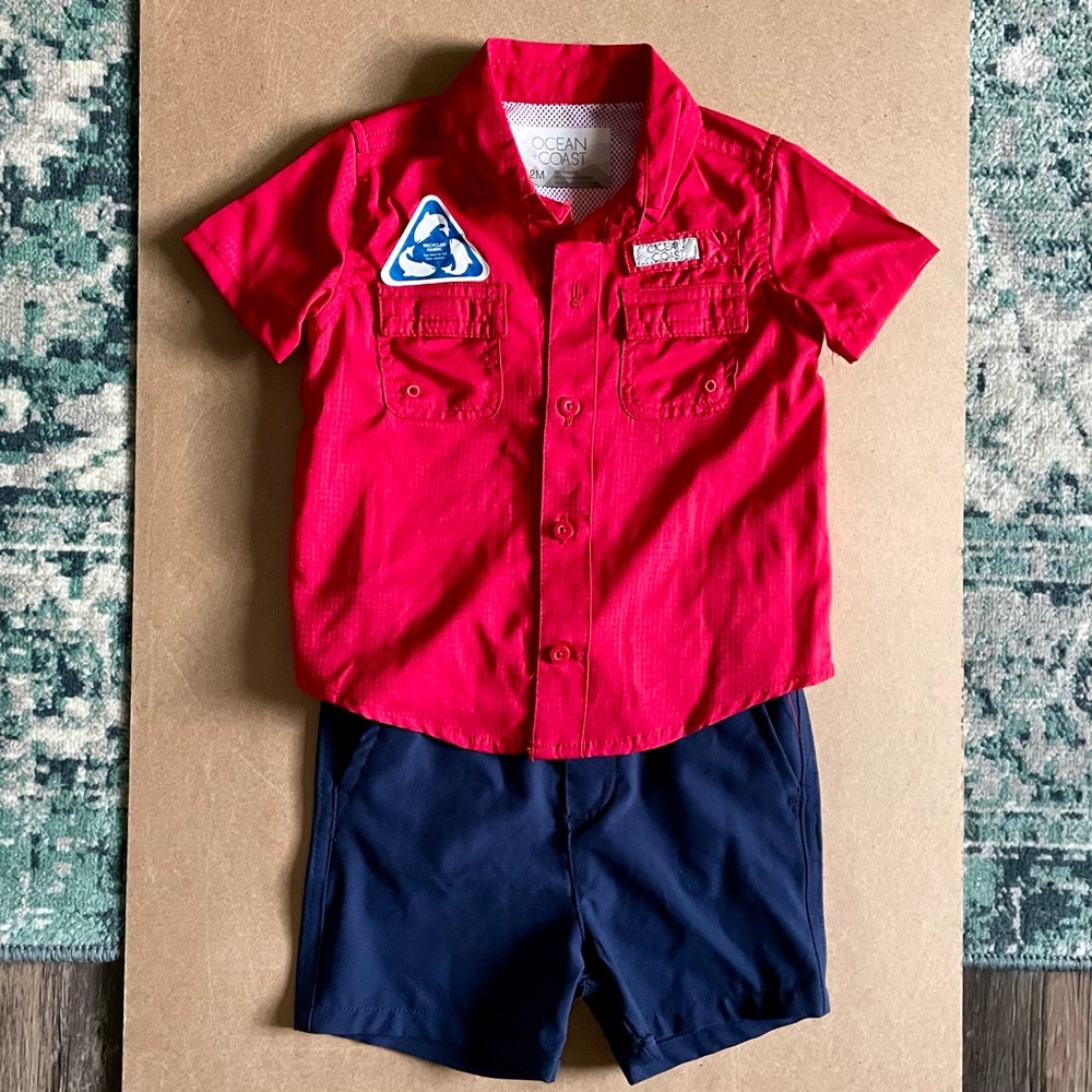 NWOT Ocean Coast 2 Piece Sun Beach Summer Outfit Sz 12M Red Shirt Blue Shorts